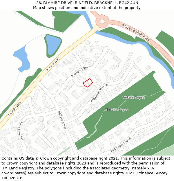 36, BLAMIRE DRIVE, BINFIELD, BRACKNELL, RG42 4UN: Location map and indicative extent of plot