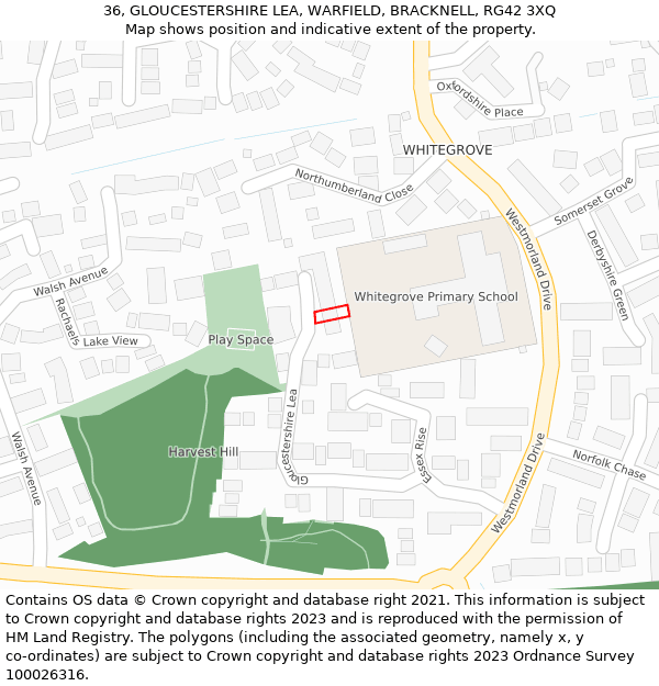 36, GLOUCESTERSHIRE LEA, WARFIELD, BRACKNELL, RG42 3XQ: Location map and indicative extent of plot