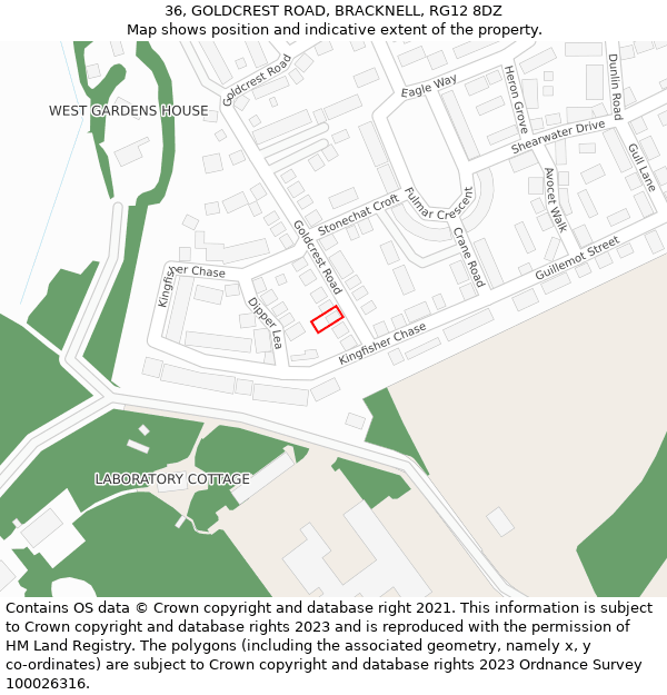 36, GOLDCREST ROAD, BRACKNELL, RG12 8DZ: Location map and indicative extent of plot