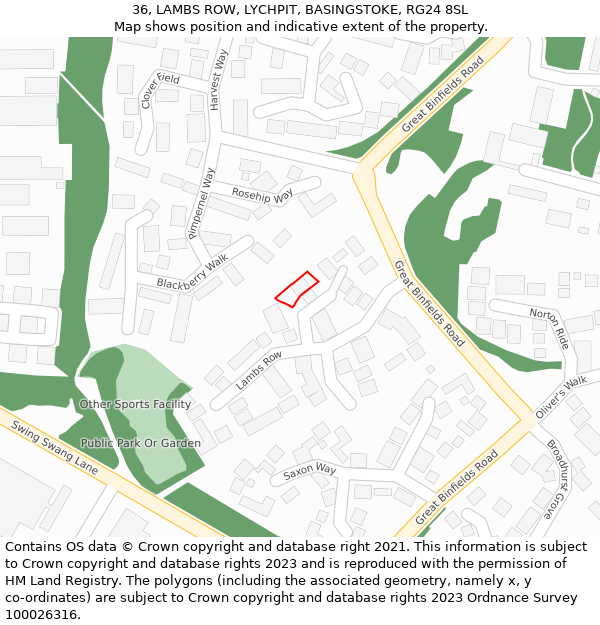 36, LAMBS ROW, LYCHPIT, BASINGSTOKE, RG24 8SL: Location map and indicative extent of plot