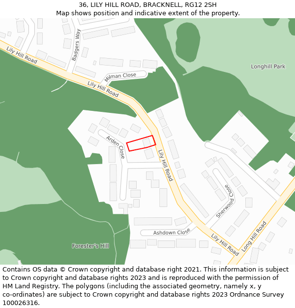 36, LILY HILL ROAD, BRACKNELL, RG12 2SH: Location map and indicative extent of plot