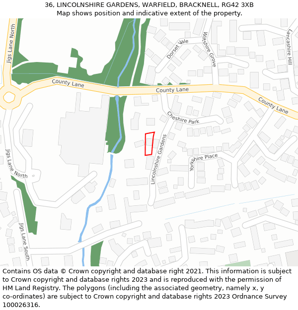 36, LINCOLNSHIRE GARDENS, WARFIELD, BRACKNELL, RG42 3XB: Location map and indicative extent of plot