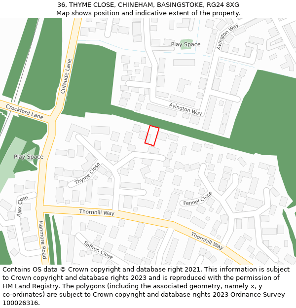 36, THYME CLOSE, CHINEHAM, BASINGSTOKE, RG24 8XG: Location map and indicative extent of plot