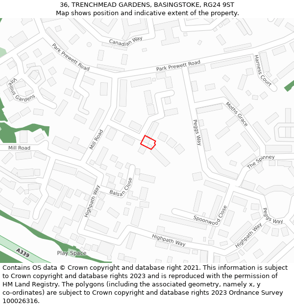 36, TRENCHMEAD GARDENS, BASINGSTOKE, RG24 9ST: Location map and indicative extent of plot