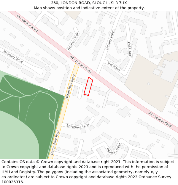 360, LONDON ROAD, SLOUGH, SL3 7HX: Location map and indicative extent of plot