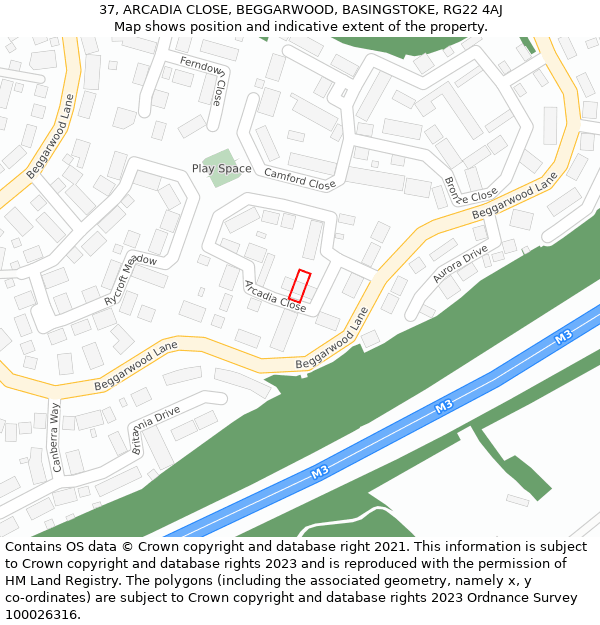 37, ARCADIA CLOSE, BEGGARWOOD, BASINGSTOKE, RG22 4AJ: Location map and indicative extent of plot