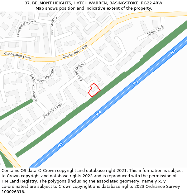 37, BELMONT HEIGHTS, HATCH WARREN, BASINGSTOKE, RG22 4RW: Location map and indicative extent of plot