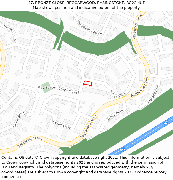 37, BRONZE CLOSE, BEGGARWOOD, BASINGSTOKE, RG22 4UF: Location map and indicative extent of plot