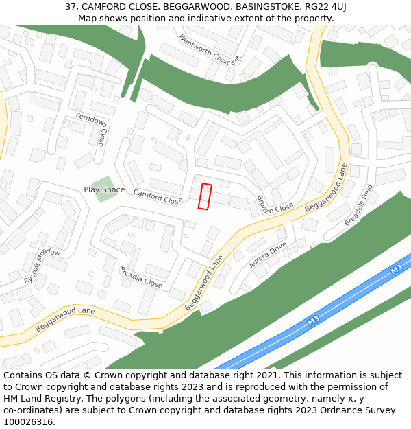 37, CAMFORD CLOSE, BEGGARWOOD, BASINGSTOKE, RG22 4UJ: Location map and indicative extent of plot