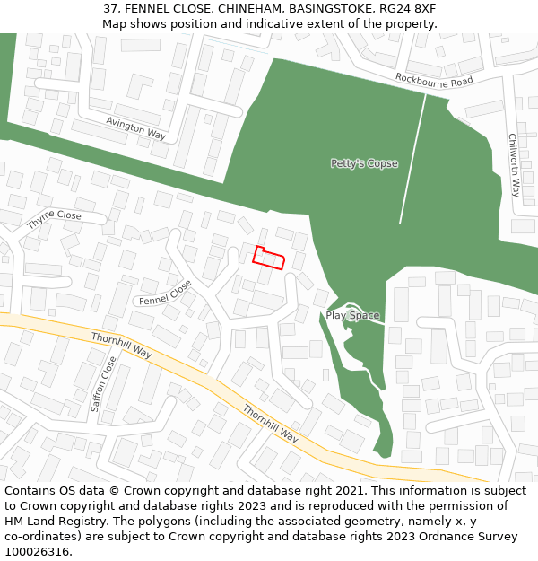 37, FENNEL CLOSE, CHINEHAM, BASINGSTOKE, RG24 8XF: Location map and indicative extent of plot