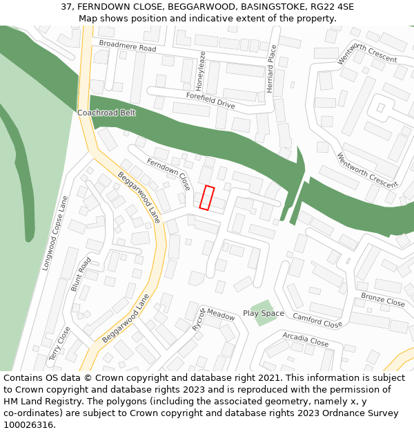 37, FERNDOWN CLOSE, BEGGARWOOD, BASINGSTOKE, RG22 4SE: Location map and indicative extent of plot