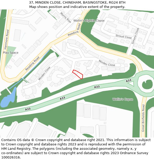 37, MINDEN CLOSE, CHINEHAM, BASINGSTOKE, RG24 8TH: Location map and indicative extent of plot