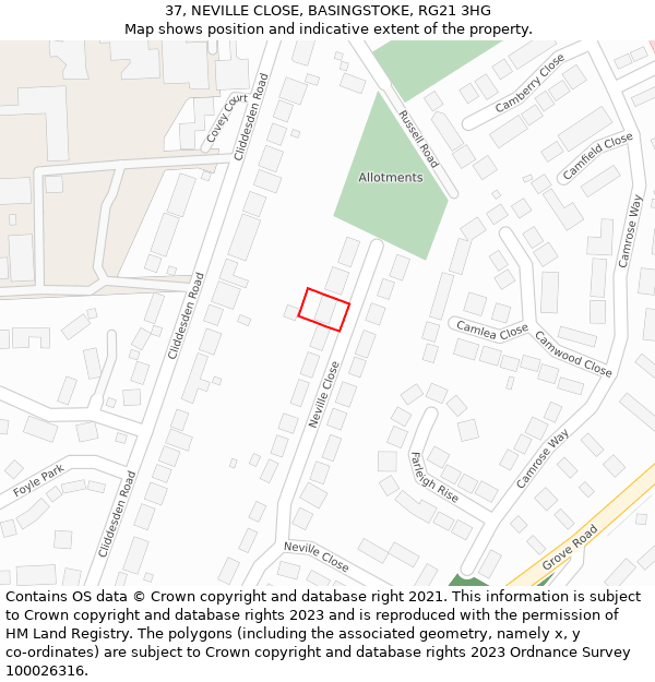 37, NEVILLE CLOSE, BASINGSTOKE, RG21 3HG: Location map and indicative extent of plot