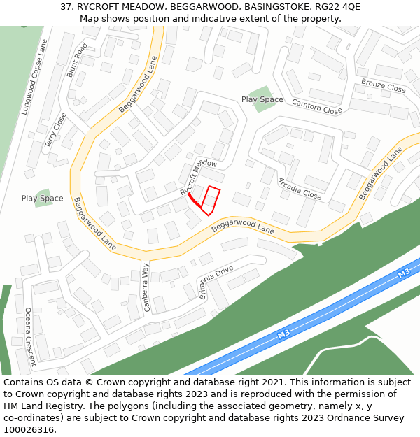 37, RYCROFT MEADOW, BEGGARWOOD, BASINGSTOKE, RG22 4QE: Location map and indicative extent of plot
