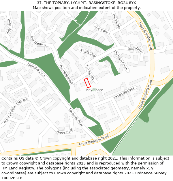 37, THE TOPIARY, LYCHPIT, BASINGSTOKE, RG24 8YX: Location map and indicative extent of plot