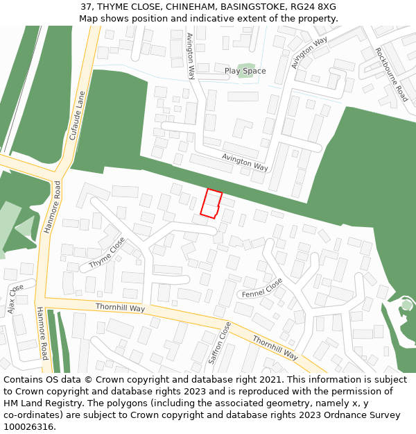 37, THYME CLOSE, CHINEHAM, BASINGSTOKE, RG24 8XG: Location map and indicative extent of plot