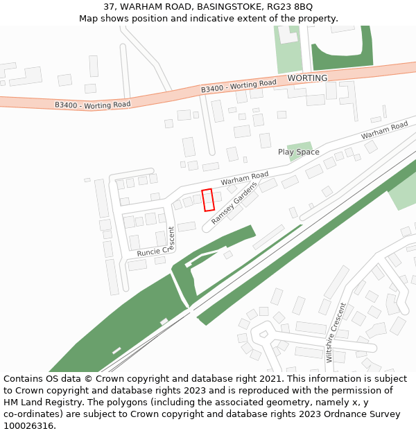 37, WARHAM ROAD, BASINGSTOKE, RG23 8BQ: Location map and indicative extent of plot