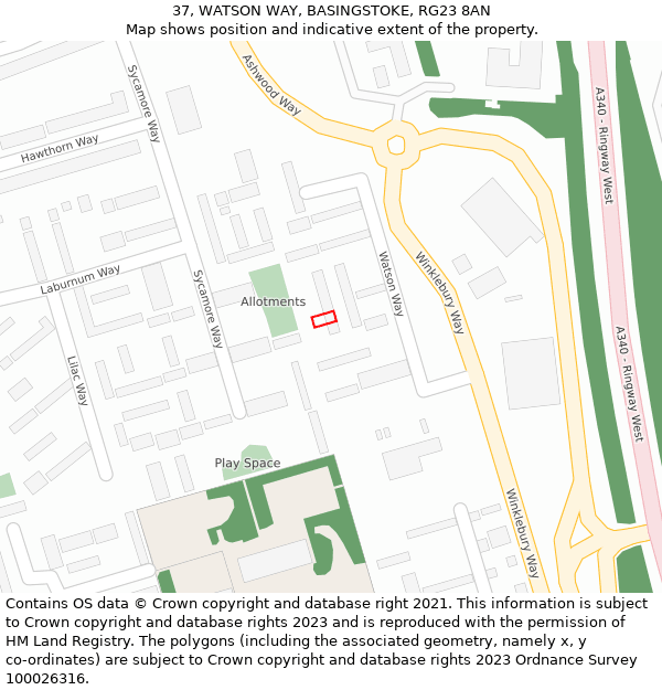 37, WATSON WAY, BASINGSTOKE, RG23 8AN: Location map and indicative extent of plot