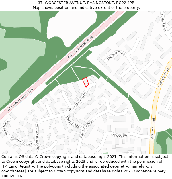 37, WORCESTER AVENUE, BASINGSTOKE, RG22 4PR: Location map and indicative extent of plot