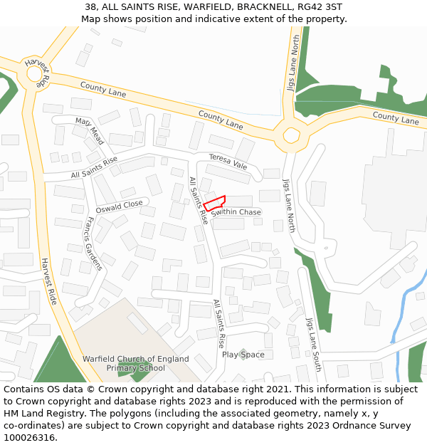 38, ALL SAINTS RISE, WARFIELD, BRACKNELL, RG42 3ST: Location map and indicative extent of plot