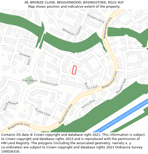 38, BRONZE CLOSE, BEGGARWOOD, BASINGSTOKE, RG22 4UF: Location map and indicative extent of plot