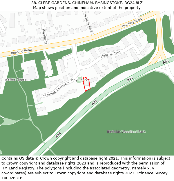 38, CLERE GARDENS, CHINEHAM, BASINGSTOKE, RG24 8LZ: Location map and indicative extent of plot