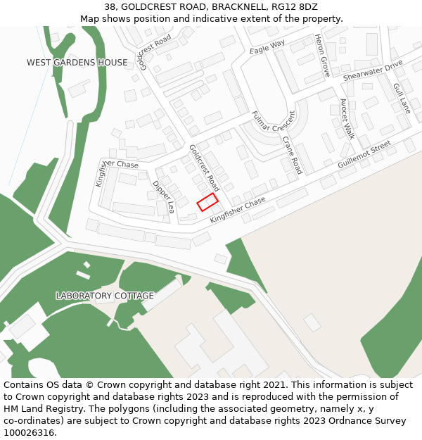 38, GOLDCREST ROAD, BRACKNELL, RG12 8DZ: Location map and indicative extent of plot