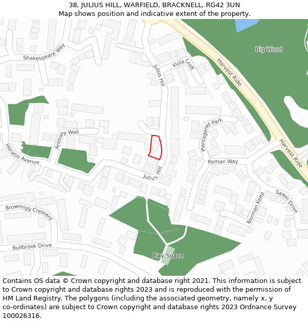 38, JULIUS HILL, WARFIELD, BRACKNELL, RG42 3UN: Location map and indicative extent of plot