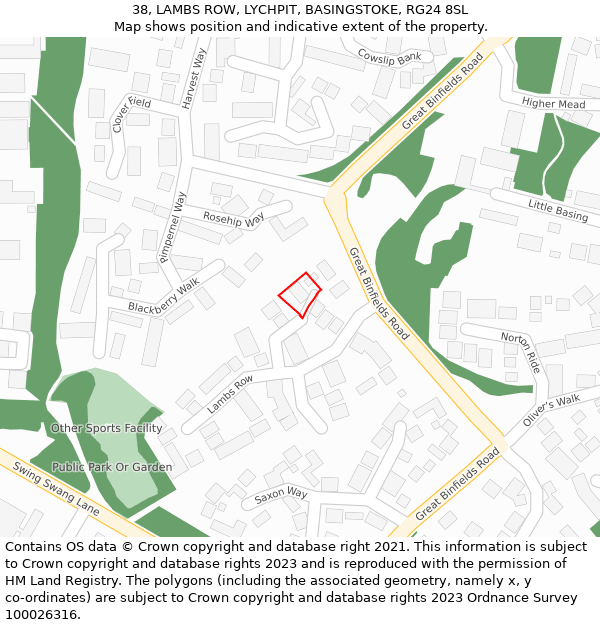 38, LAMBS ROW, LYCHPIT, BASINGSTOKE, RG24 8SL: Location map and indicative extent of plot