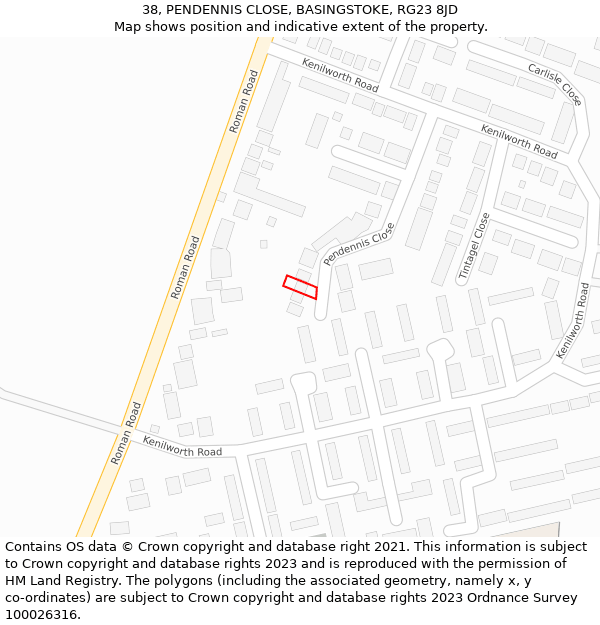 38, PENDENNIS CLOSE, BASINGSTOKE, RG23 8JD: Location map and indicative extent of plot