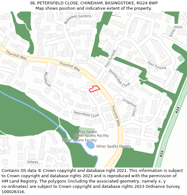 38, PETERSFIELD CLOSE, CHINEHAM, BASINGSTOKE, RG24 8WP: Location map and indicative extent of plot