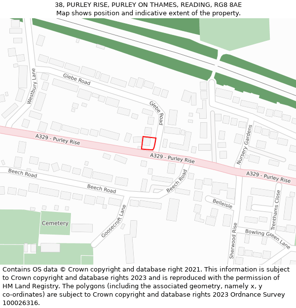 38, PURLEY RISE, PURLEY ON THAMES, READING, RG8 8AE: Location map and indicative extent of plot