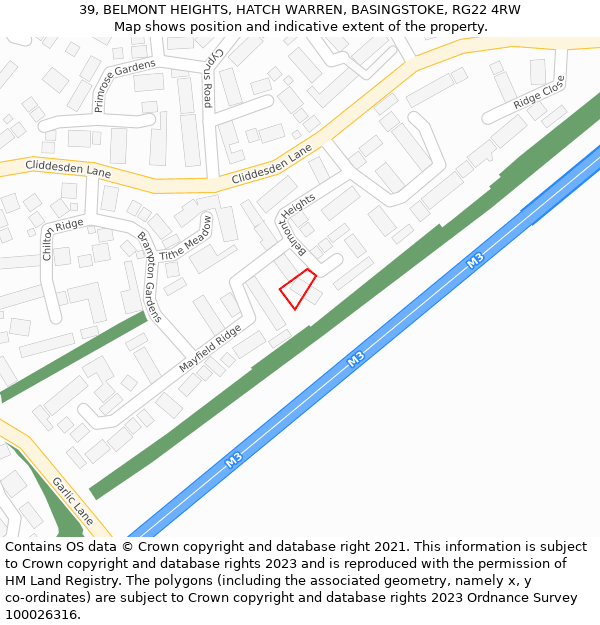 39, BELMONT HEIGHTS, HATCH WARREN, BASINGSTOKE, RG22 4RW: Location map and indicative extent of plot