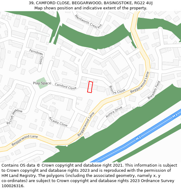 39, CAMFORD CLOSE, BEGGARWOOD, BASINGSTOKE, RG22 4UJ: Location map and indicative extent of plot