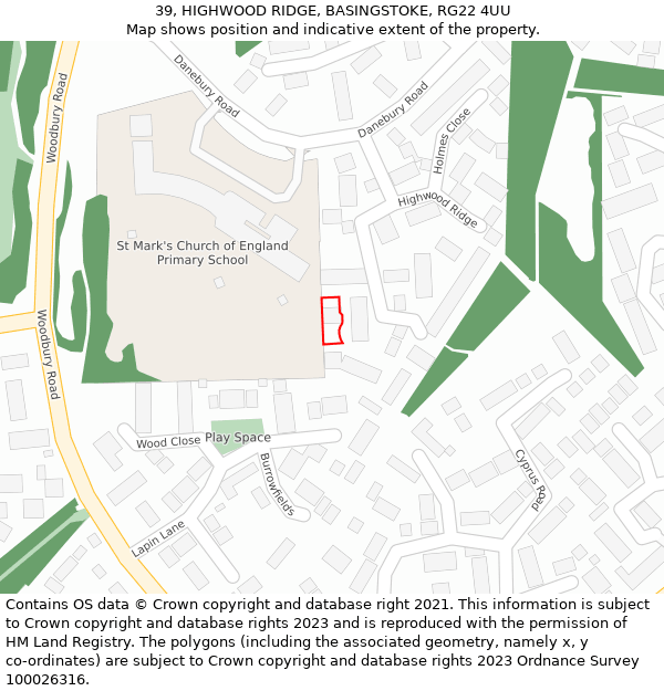39, HIGHWOOD RIDGE, BASINGSTOKE, RG22 4UU: Location map and indicative extent of plot