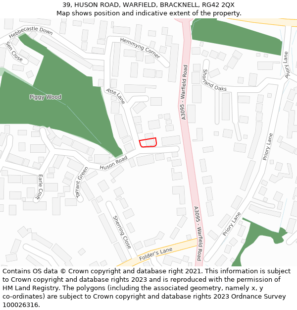 39, HUSON ROAD, WARFIELD, BRACKNELL, RG42 2QX: Location map and indicative extent of plot
