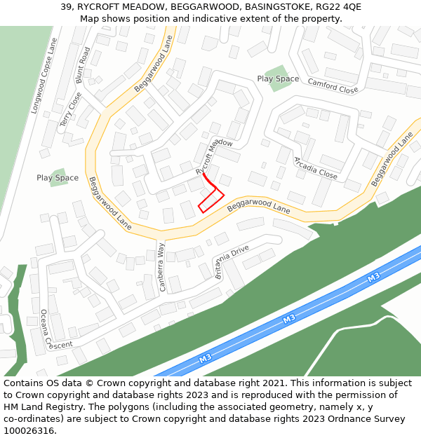 39, RYCROFT MEADOW, BEGGARWOOD, BASINGSTOKE, RG22 4QE: Location map and indicative extent of plot