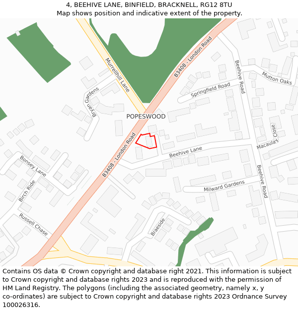 4, BEEHIVE LANE, BINFIELD, BRACKNELL, RG12 8TU: Location map and indicative extent of plot