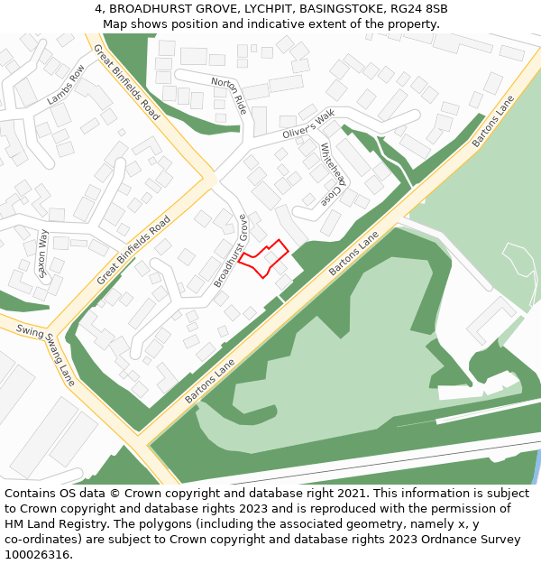 4, BROADHURST GROVE, LYCHPIT, BASINGSTOKE, RG24 8SB: Location map and indicative extent of plot