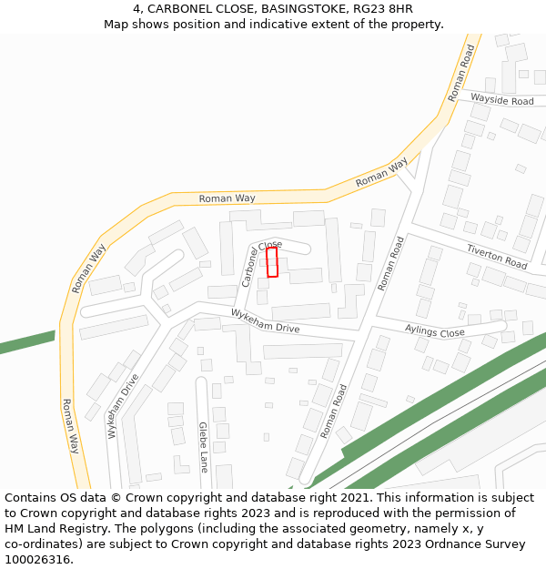 4, CARBONEL CLOSE, BASINGSTOKE, RG23 8HR: Location map and indicative extent of plot