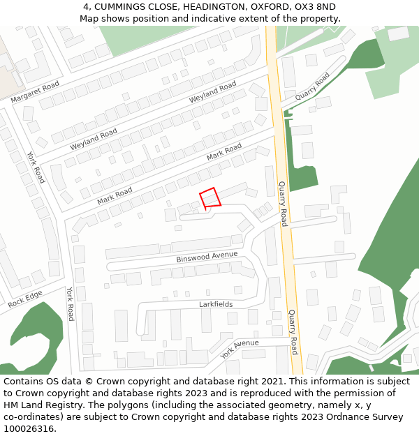 4, CUMMINGS CLOSE, HEADINGTON, OXFORD, OX3 8ND: Location map and indicative extent of plot
