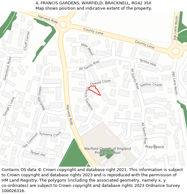 4, FRANCIS GARDENS, WARFIELD, BRACKNELL, RG42 3SX: Location map and indicative extent of plot