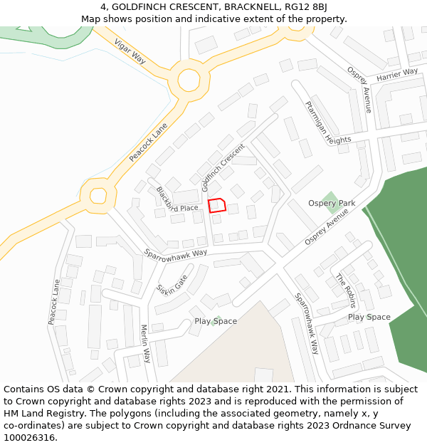 4, GOLDFINCH CRESCENT, BRACKNELL, RG12 8BJ: Location map and indicative extent of plot