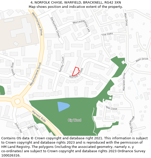 4, NORFOLK CHASE, WARFIELD, BRACKNELL, RG42 3XN: Location map and indicative extent of plot