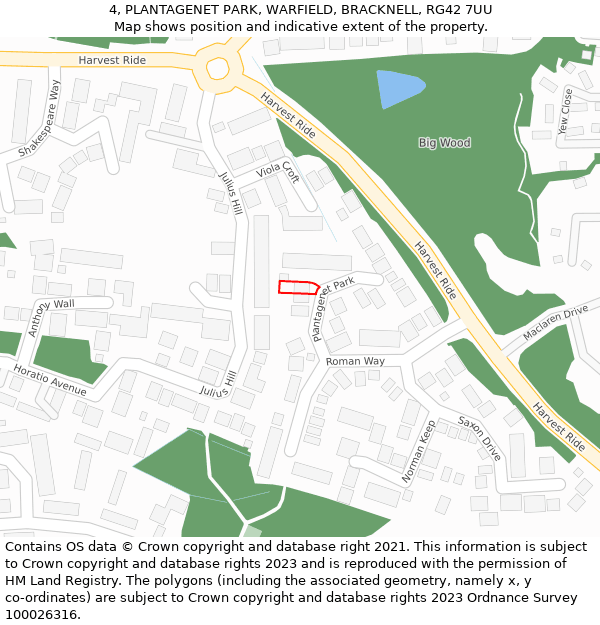 4, PLANTAGENET PARK, WARFIELD, BRACKNELL, RG42 7UU: Location map and indicative extent of plot