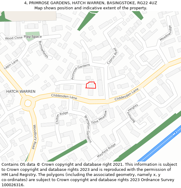 4, PRIMROSE GARDENS, HATCH WARREN, BASINGSTOKE, RG22 4UZ: Location map and indicative extent of plot