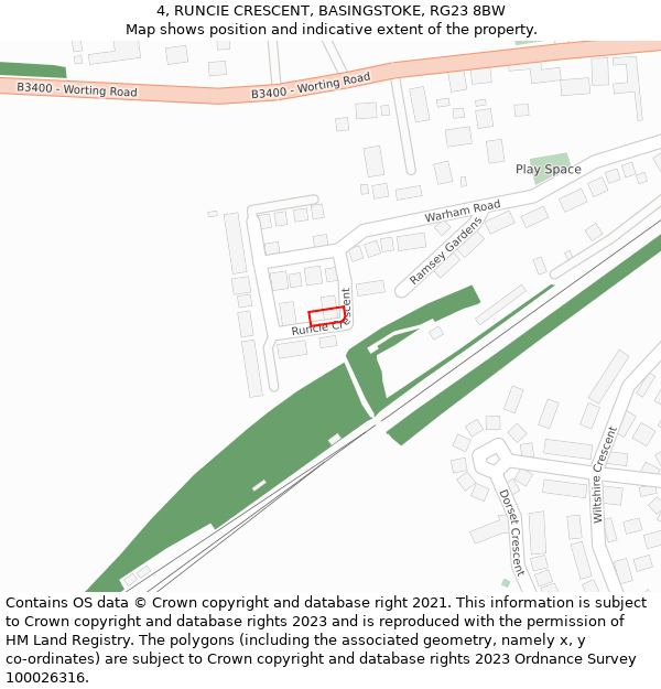 4, RUNCIE CRESCENT, BASINGSTOKE, RG23 8BW: Location map and indicative extent of plot