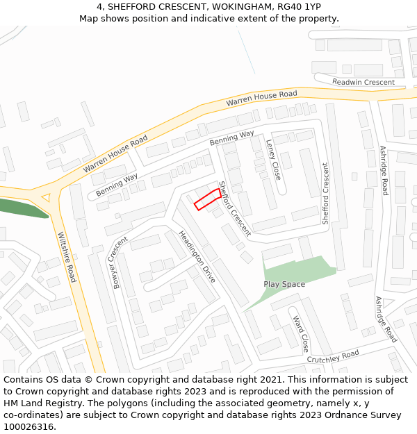 4, SHEFFORD CRESCENT, WOKINGHAM, RG40 1YP: Location map and indicative extent of plot