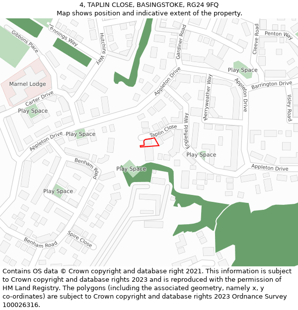 4, TAPLIN CLOSE, BASINGSTOKE, RG24 9FQ: Location map and indicative extent of plot