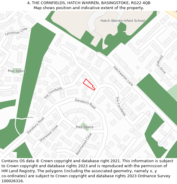 4, THE CORNFIELDS, HATCH WARREN, BASINGSTOKE, RG22 4QB: Location map and indicative extent of plot